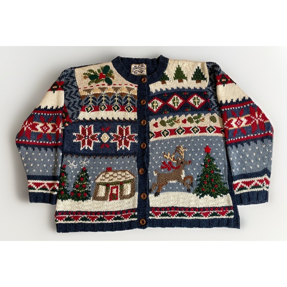 Heirloom Collectibles Hand Knit Button Down Christmas Cardigan Women's XL VTG